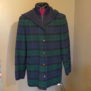 Authentic Makintosh Vestcoat - Blue and Green Plaid Hooded Wool Coat (Size 10)